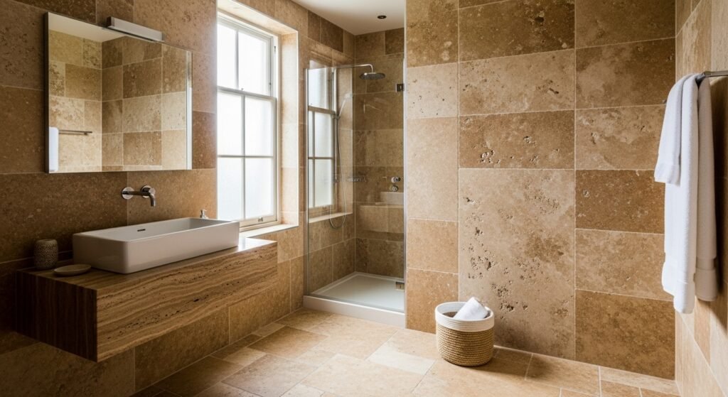 Luxury bathroom tiling project in Perth, WA, featuring high-quality travertine tiles installed by The Tile Surgeon team